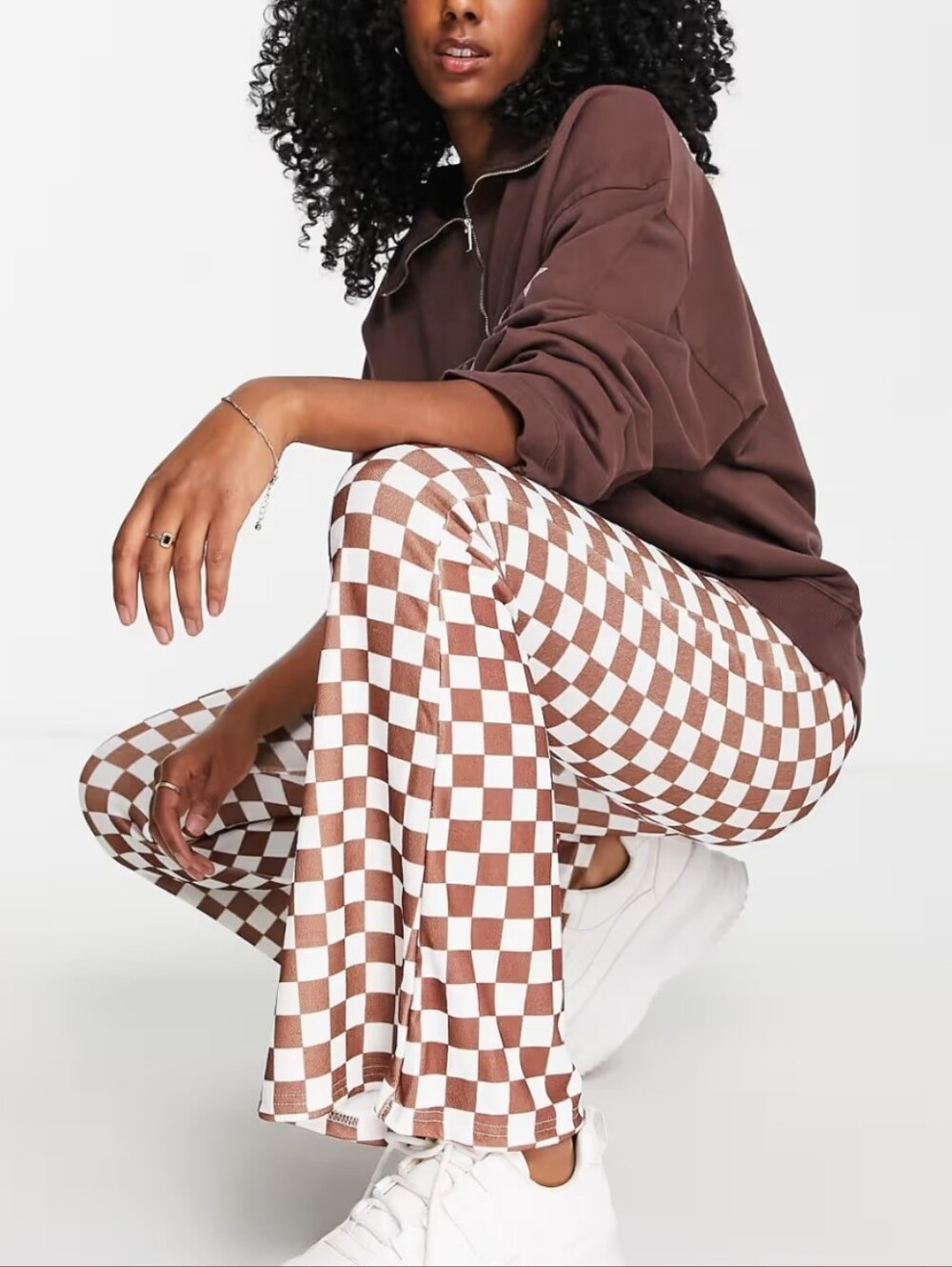 Checkerboard Knit Flared Pants - Beige/White Size SMALL